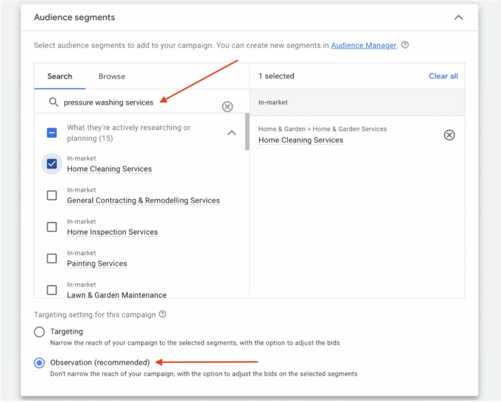 choosing audience segments for campaign, observation recommended