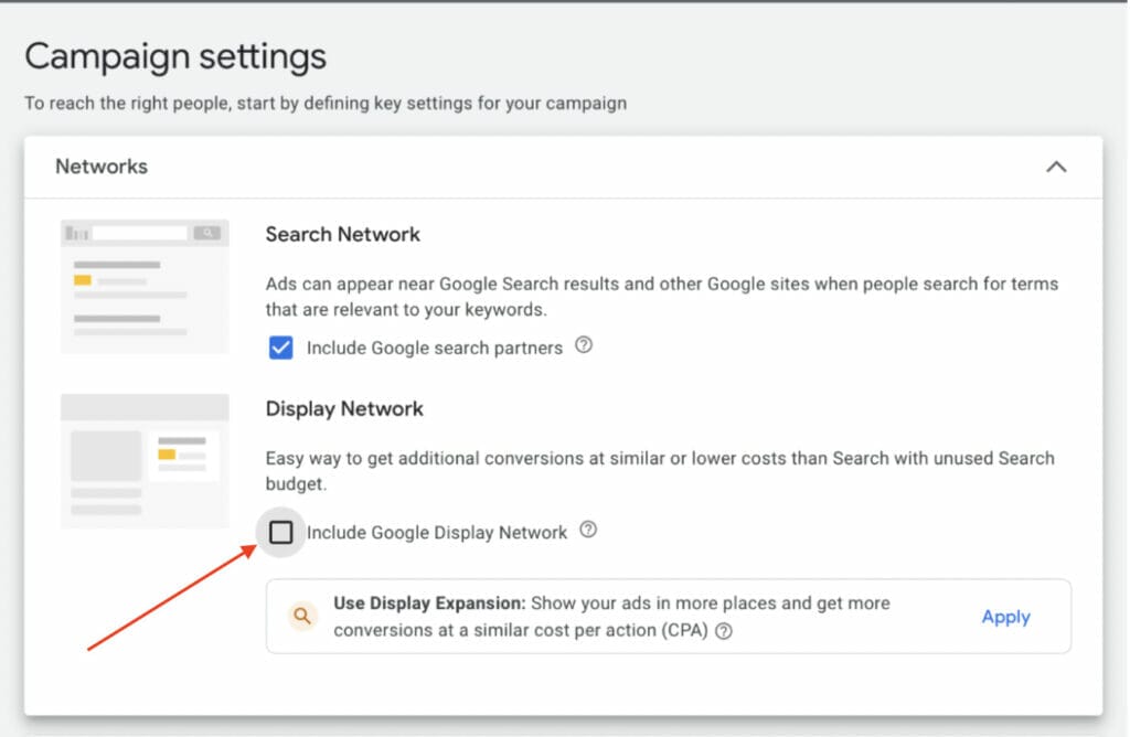 select google search partners not google display network