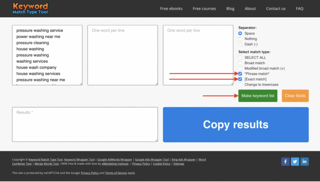 phrase match, broad match, exact match, keywords