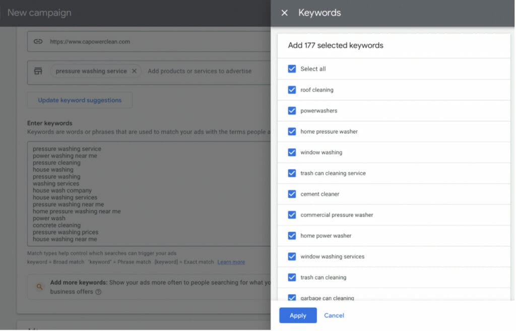 selecting and applying keywords to campaign