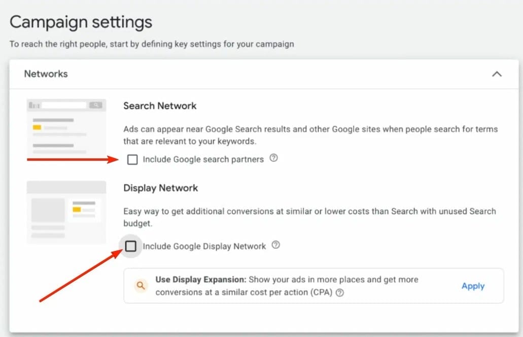 Unchecking google search partners and google display network