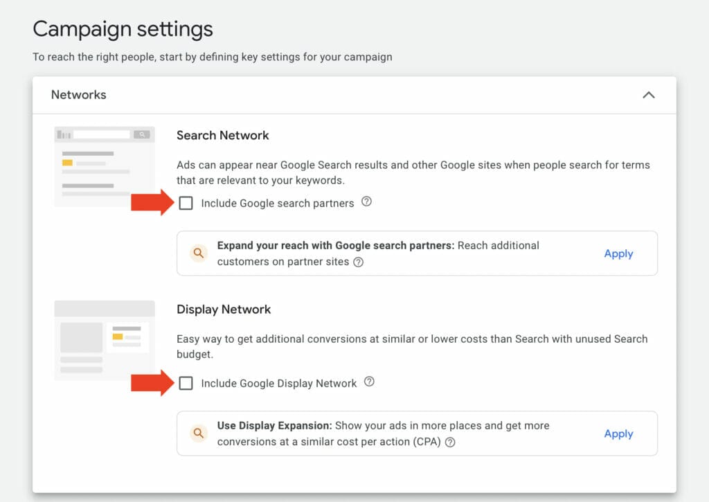 campaign settings for networks