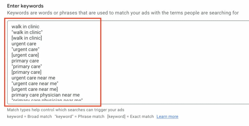 keyword suggestions for medical practice with match types