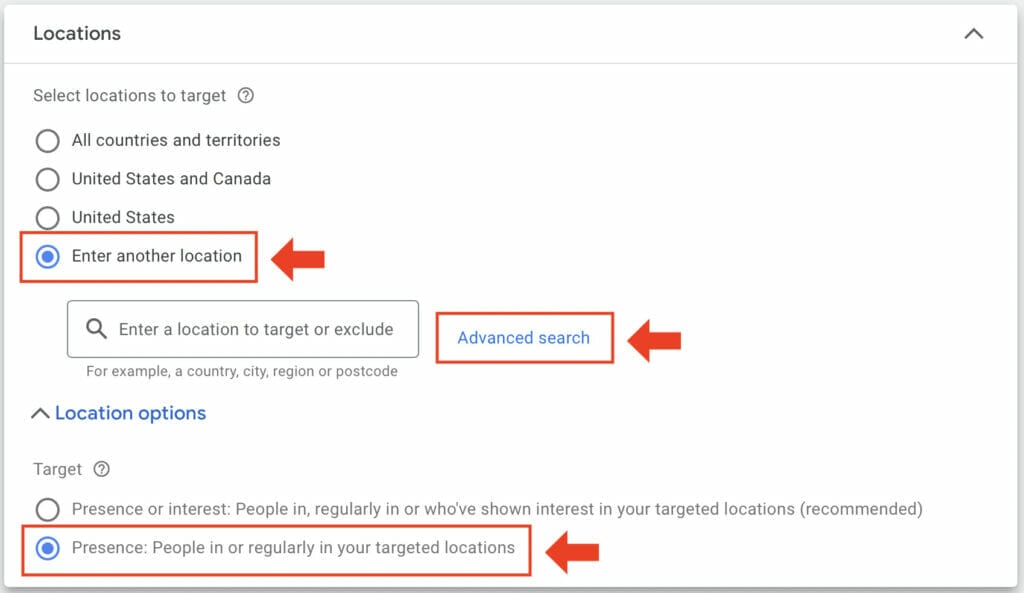 location setting for campaign with specific target