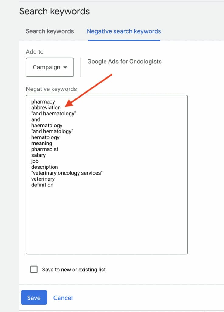 negative keywords for ppc oncologist doctors