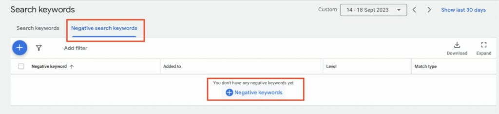 how to add negative keywords on dashboard