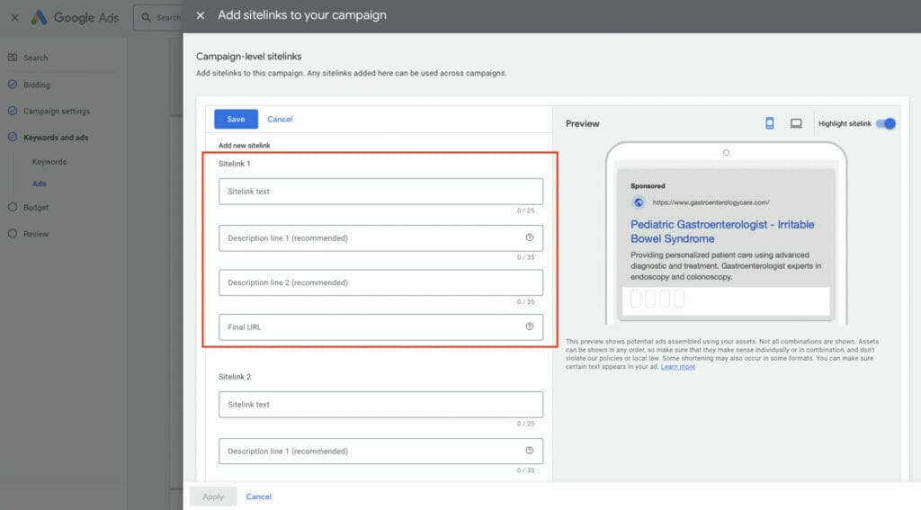 adding sitelinks for ppc campaign