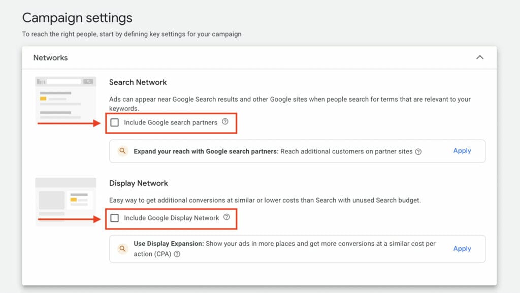 campaign network settings for ppc