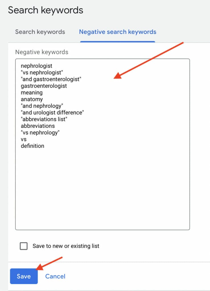 copy paste negative keywords to text box ppc campaign