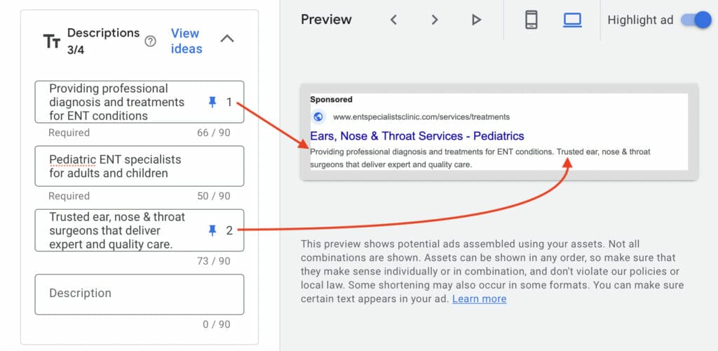 descriptions for assets or extensions of campaign