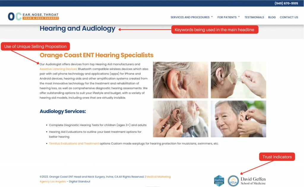 example 3 for ent doctors using unique selling proposition and trust indicators for page