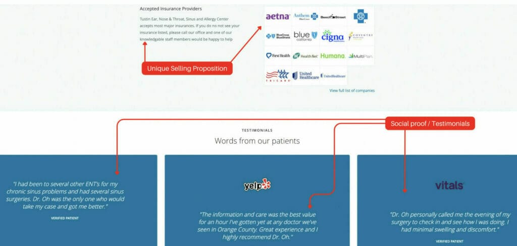 example 5 of page for ent doctors using testimonials and usp