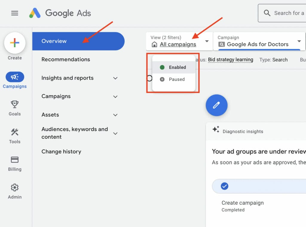 how to pause ongoing ppc campaign