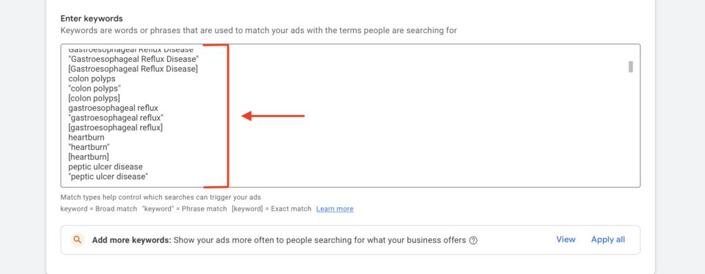 keyword match typle examples for gastroenterologists