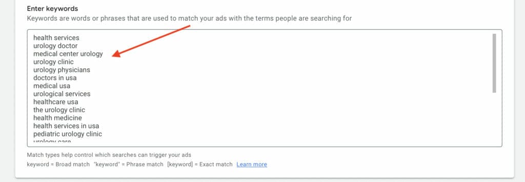 keywords in text box for ad group ppc urologists