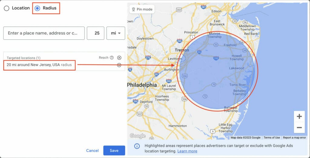 location for campaign with target audience using radius setting