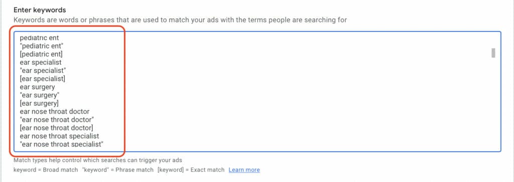 modified keywords for ent ppc