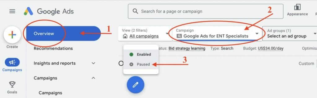 how to pause or enable a campaign for ent specialists
