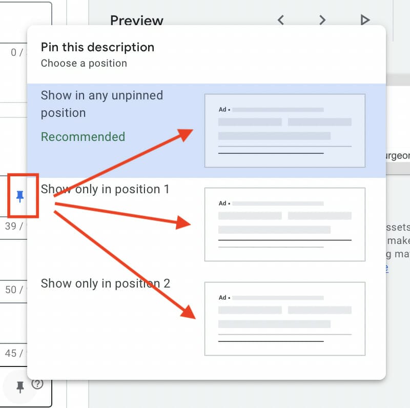 pin option setting for headlines and descriptions on ppc campaign for urologists