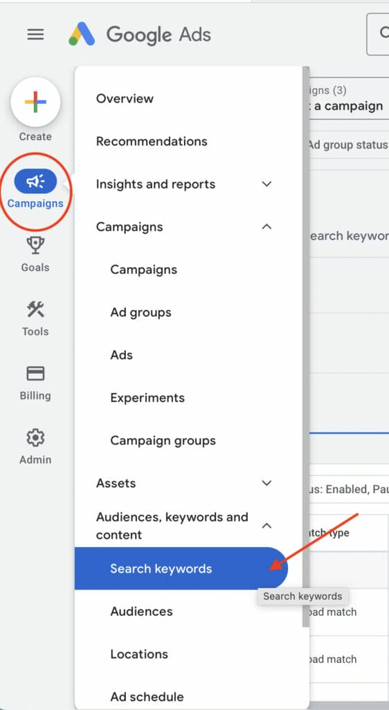 search keywords on dashboard