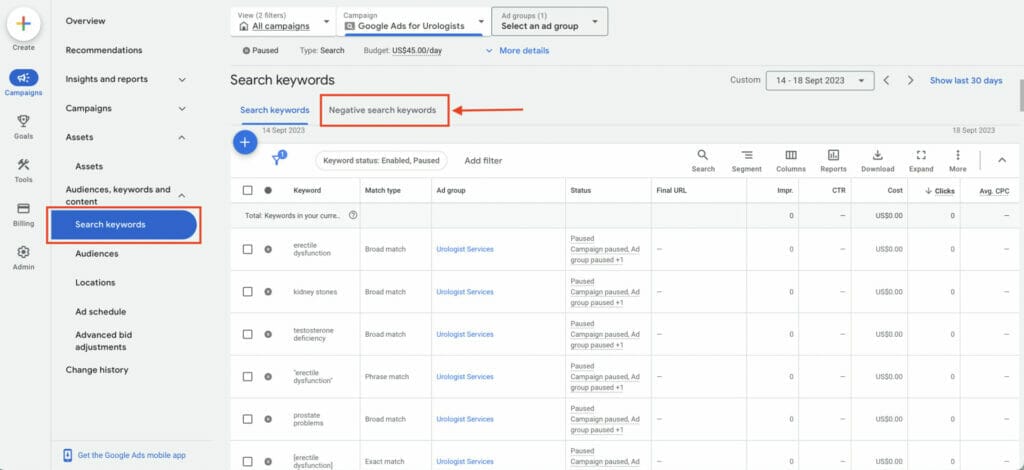 search keywords in campaign dashboard