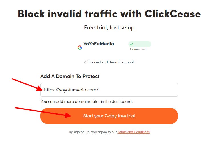 Enter your website URL under ClickCease "Add A Domain To Protect"
