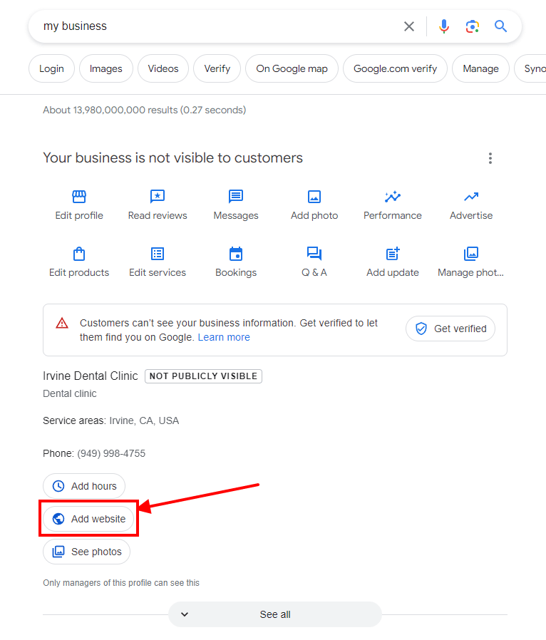 You can run Google Ads without website through Google Business Profile. Click "manage" under "You have a website created with Google".