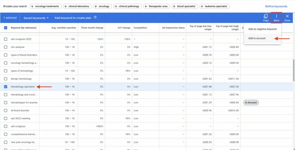 how to add keywords from keyword planner suggestions