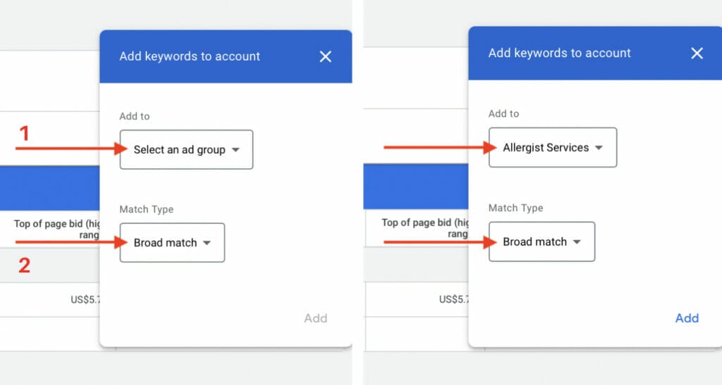 how to add keywords from keyword planner to ppc campaign for allergists