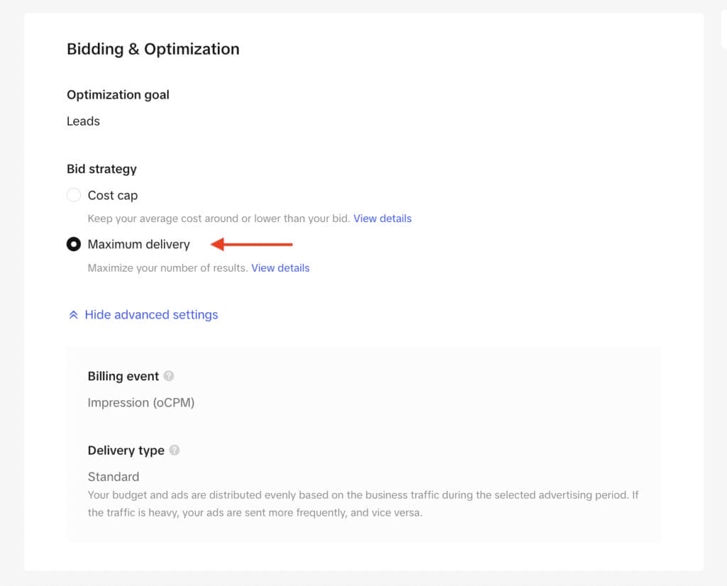 bidding and optimization settings for tiktok campaign