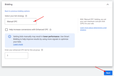 Set your bidding strategy as "manual cpc"