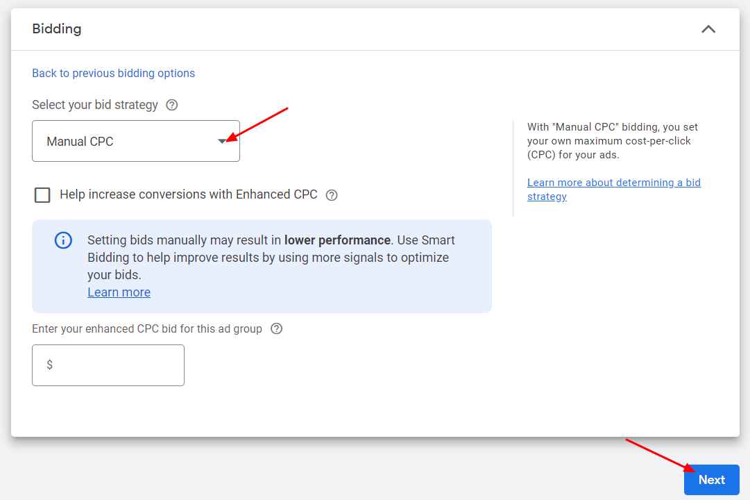 Set your bidding strategy as "manual cpc"