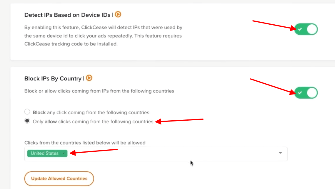 block IPs based on device IDs automatically and specific countries using ClickCease