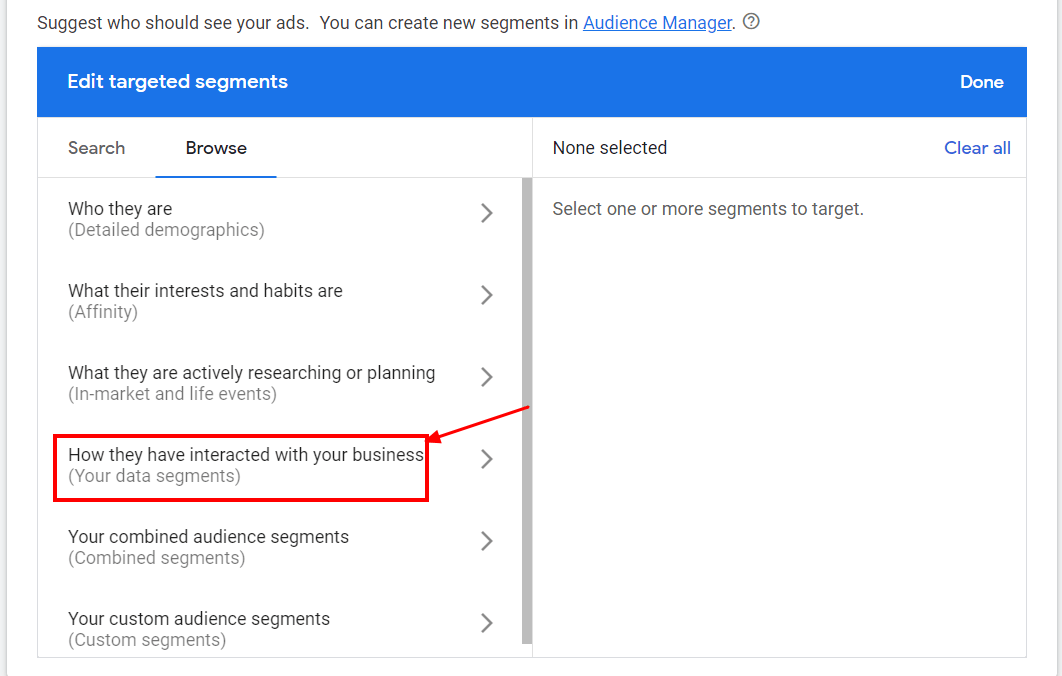 Go to “Browse” tab and click “How they have interacted with your business”.