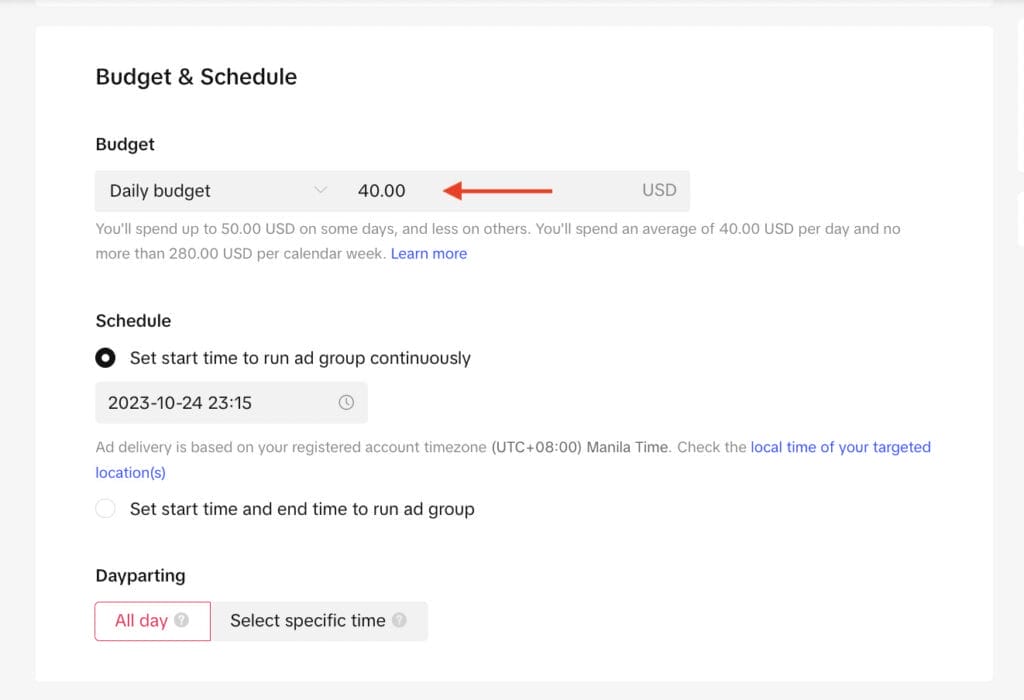 budget and schedule settings for tiktok campaign