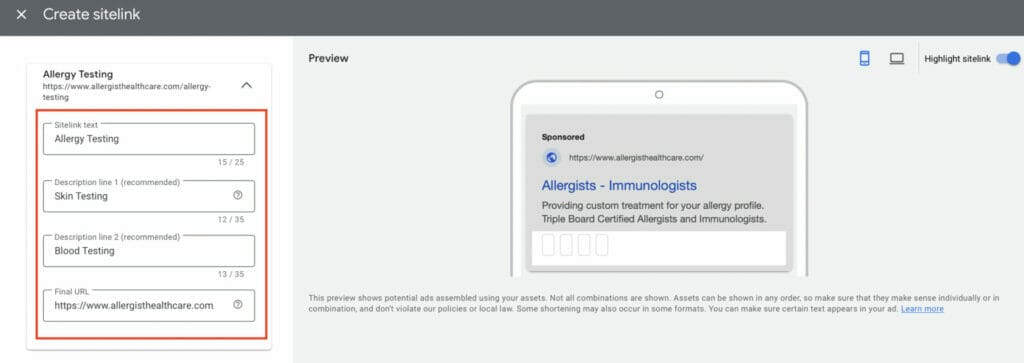 creating sitelinks for allergy clinic