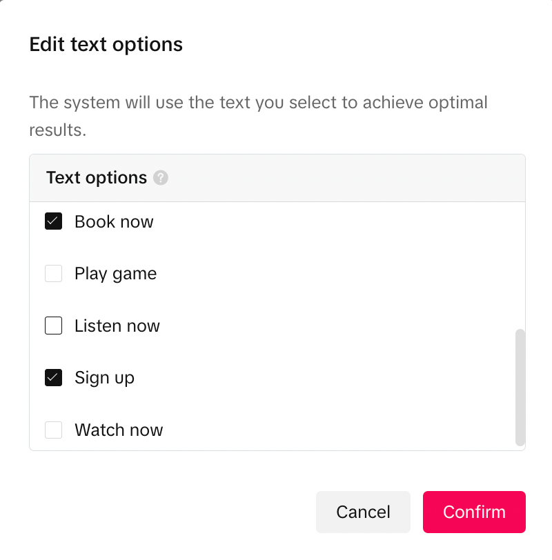 cta options for dynamic tiktok settings