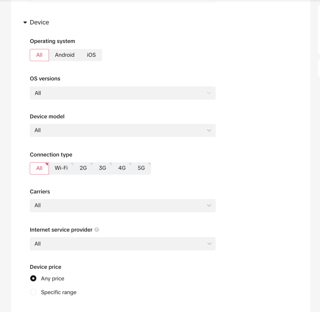 device settings for tiktok campaign