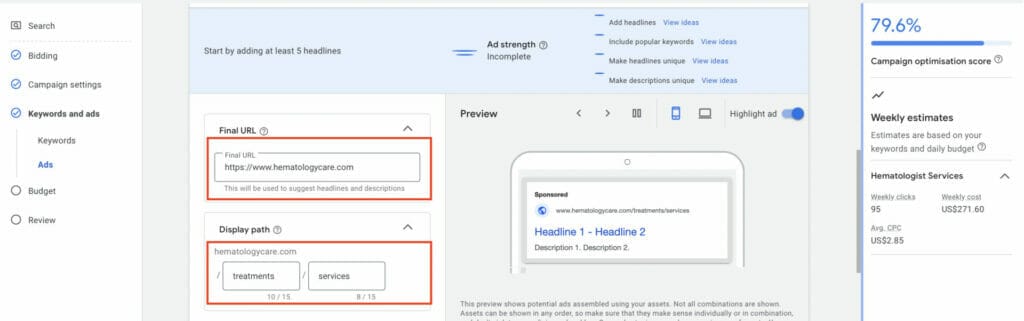 final url and display path for hematology medical practice