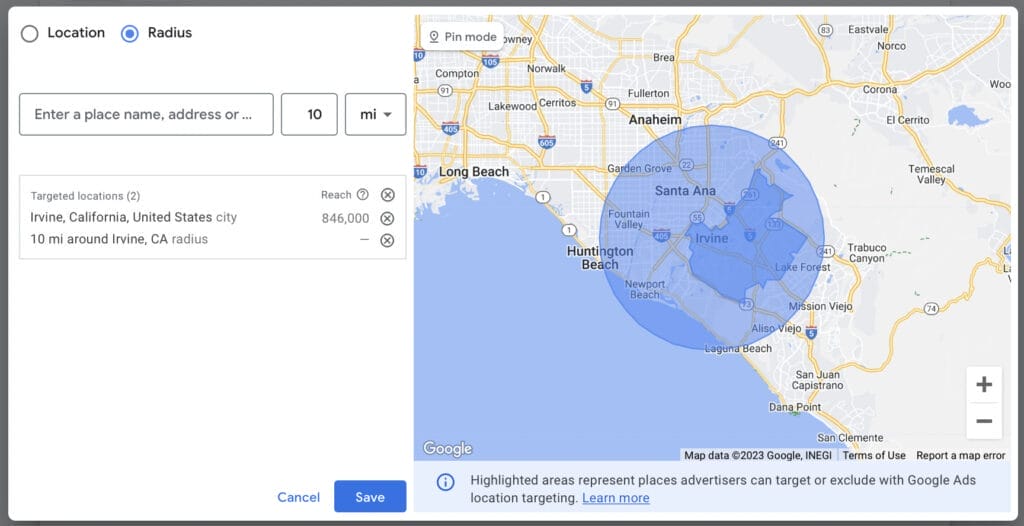 location settings for irvine using location and radius