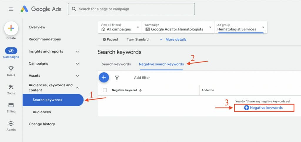 negative keywords for hematologists