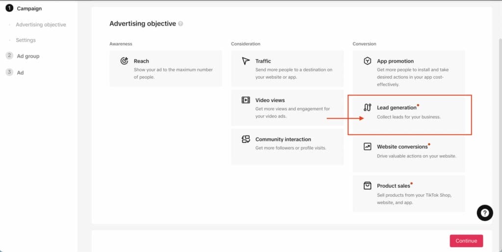 selecting lead generation option as objective for tiktok campaign