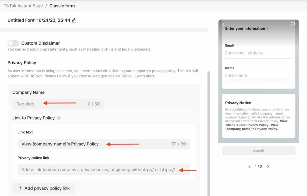 privacy policy settings for tiktok campaign