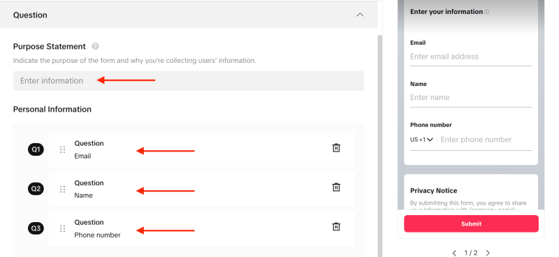 purpose statement settings using name email and phone number