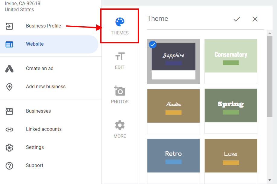 Selec a theme for your Google Business Profile website