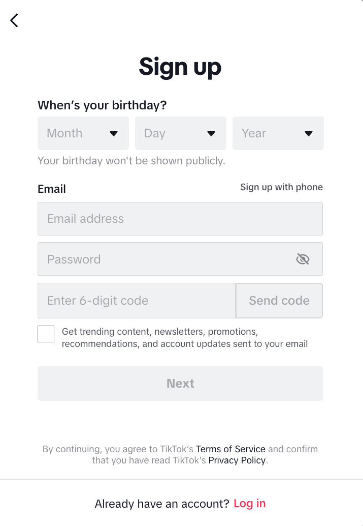 sign up using email for tiktok account
