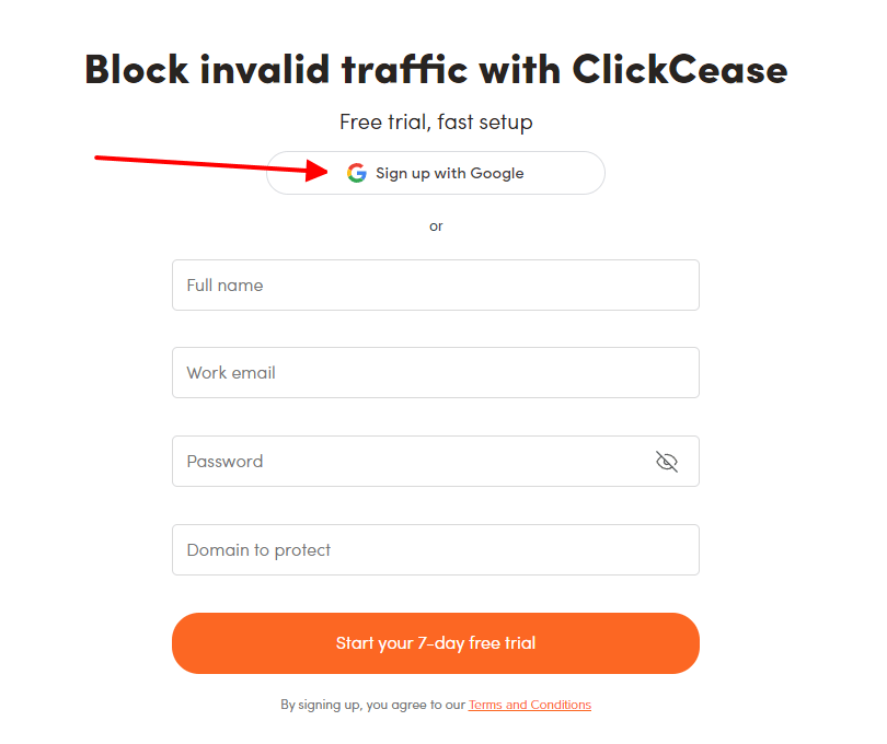 Sign Up With Google to create ClickCease account