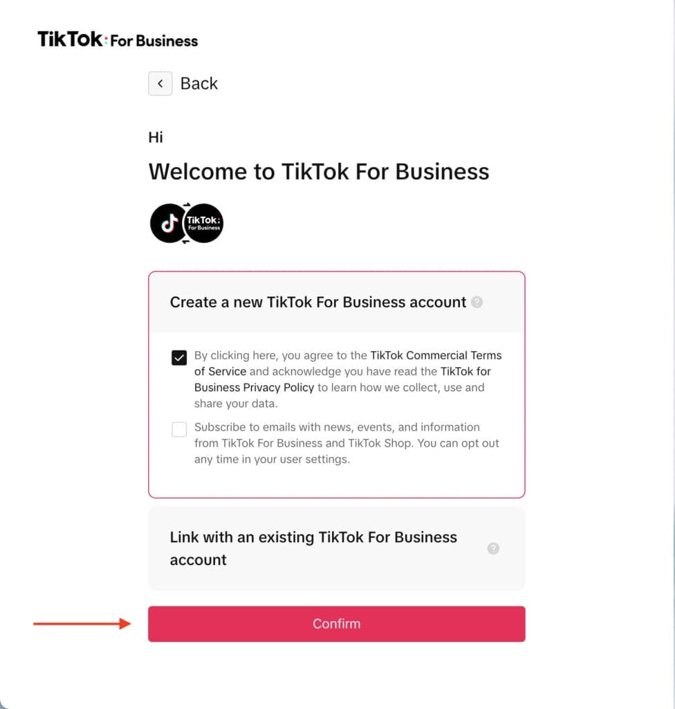 welcome to tiktok business and confirm