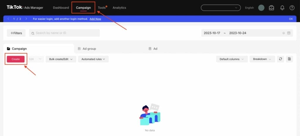 creating new campaign on tiktok business dashboard