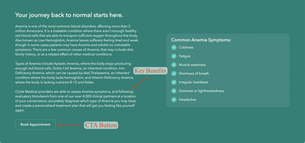 treatment for hematology example using cta button and key benefits